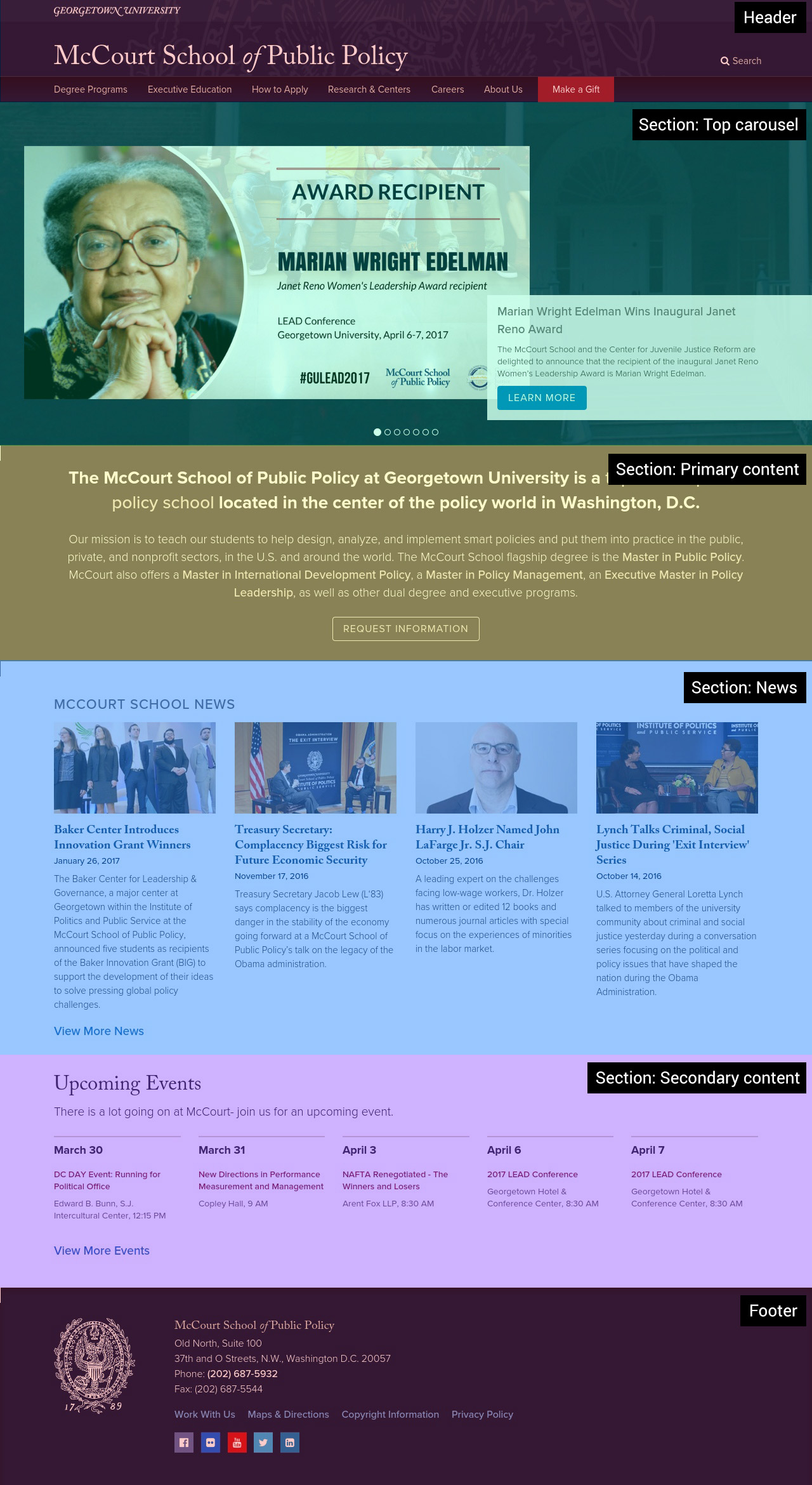 An example of how we identified landmarks on the McCourt School of Public Policy home page.